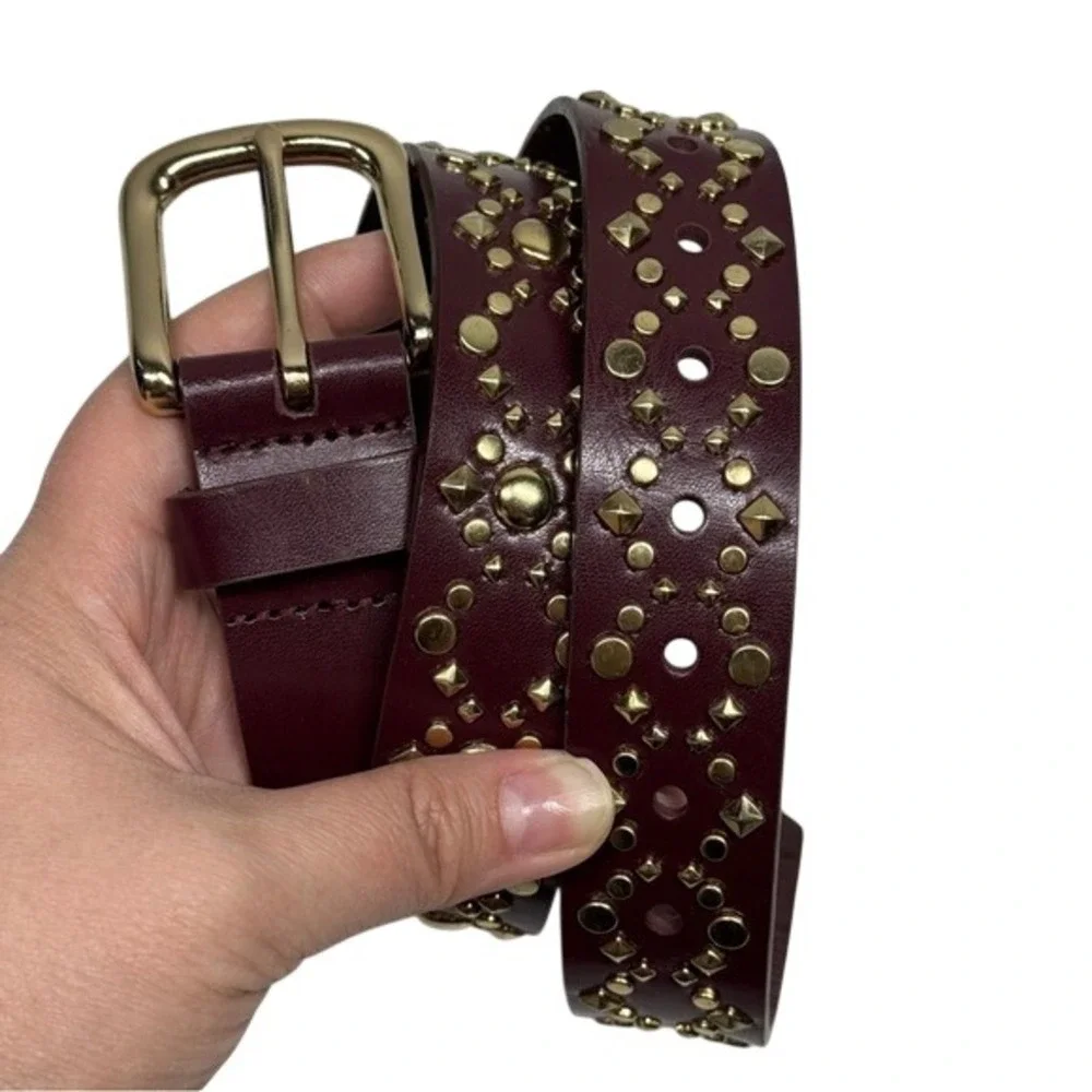 Rebecca Minkoff New Size XS‎ Mahogany Brown Studded Leather Belt Gold Hardware